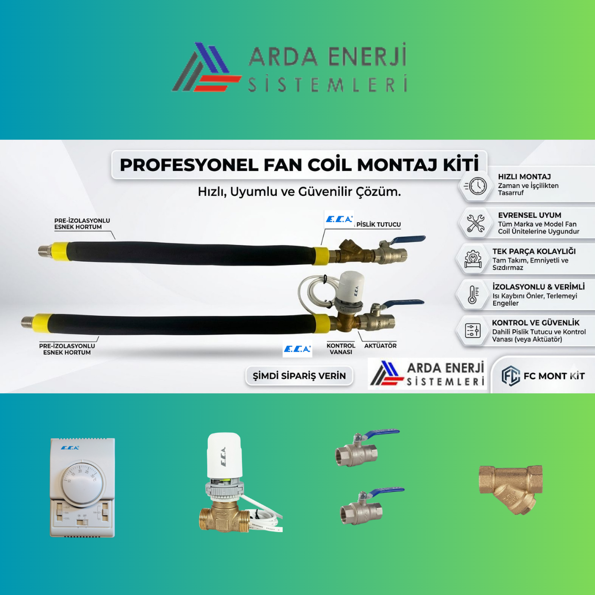 ARDA ENERJİ 1/2''( DN15) FAN COİL MONTAJ KİTİ-ECA vanalı-Mekanik termostatlı